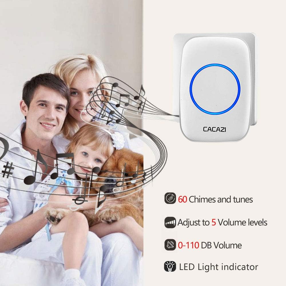Wireless Doorbell Kit, Plug-In Receiver, Waterproof Push Button with 1000 Feet Operating Range, 5 Volume Levels, 60 Chimes, LED Flash & CD Sound for Home/Office/Classroom Use (1X1 White)